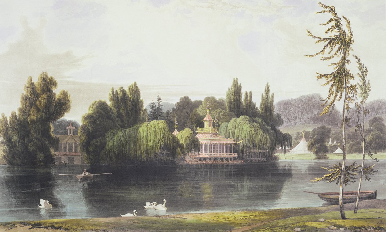 Utsikt över Virginia Water med trädgårdstempel, från 