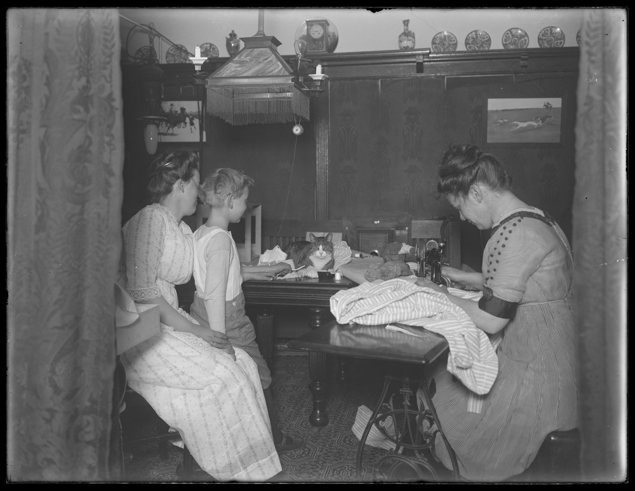 Ethel Gray Magaw Hassler, William Gray Hassler (liten pojke), Harriet E. Hassler (som sköter symaskinen) och Reddy (katt) i matsalen på 150 Vermilyea Avenue, lägenhet 44, New York City, omkring år 19. av William Davis Hassler