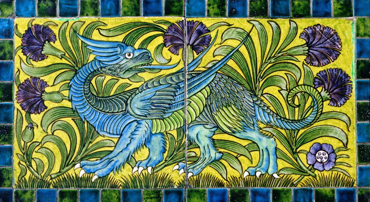 Kakel med drakdesign (keramik) av William de Morgan