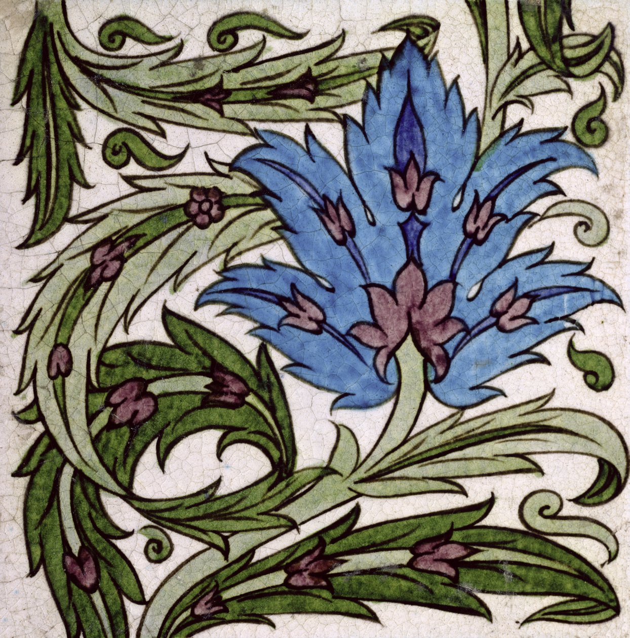 Kakel med stiliserad blomsterdesign (keramik) av William de Morgan