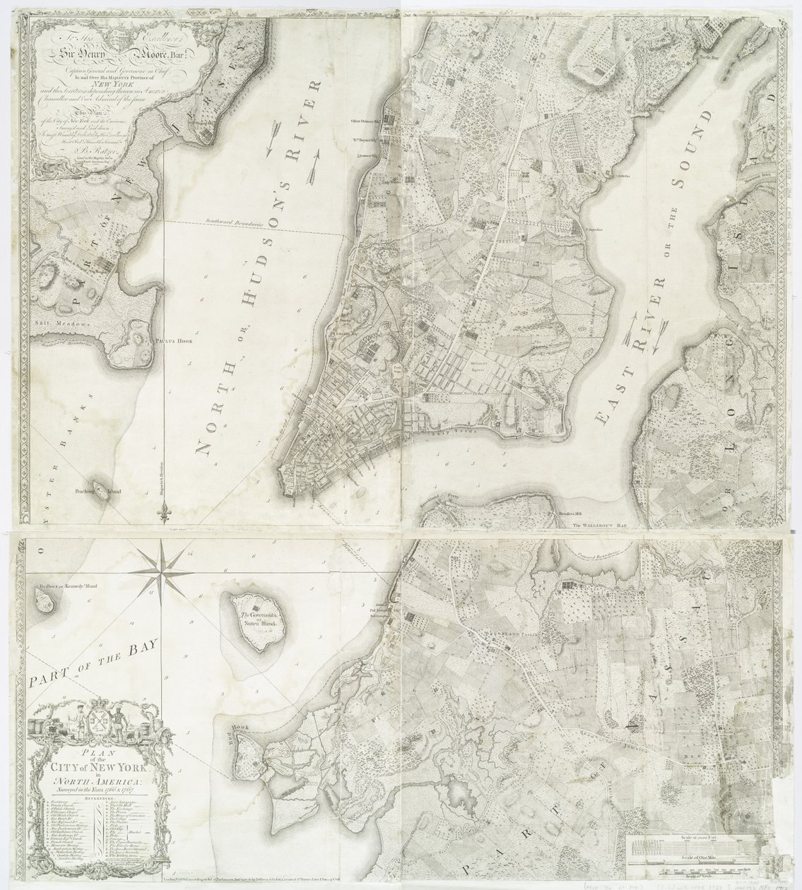 Plan över staden New York i Nordamerika som undersöktes under åren 1766 och 1767, publicerad i Faden