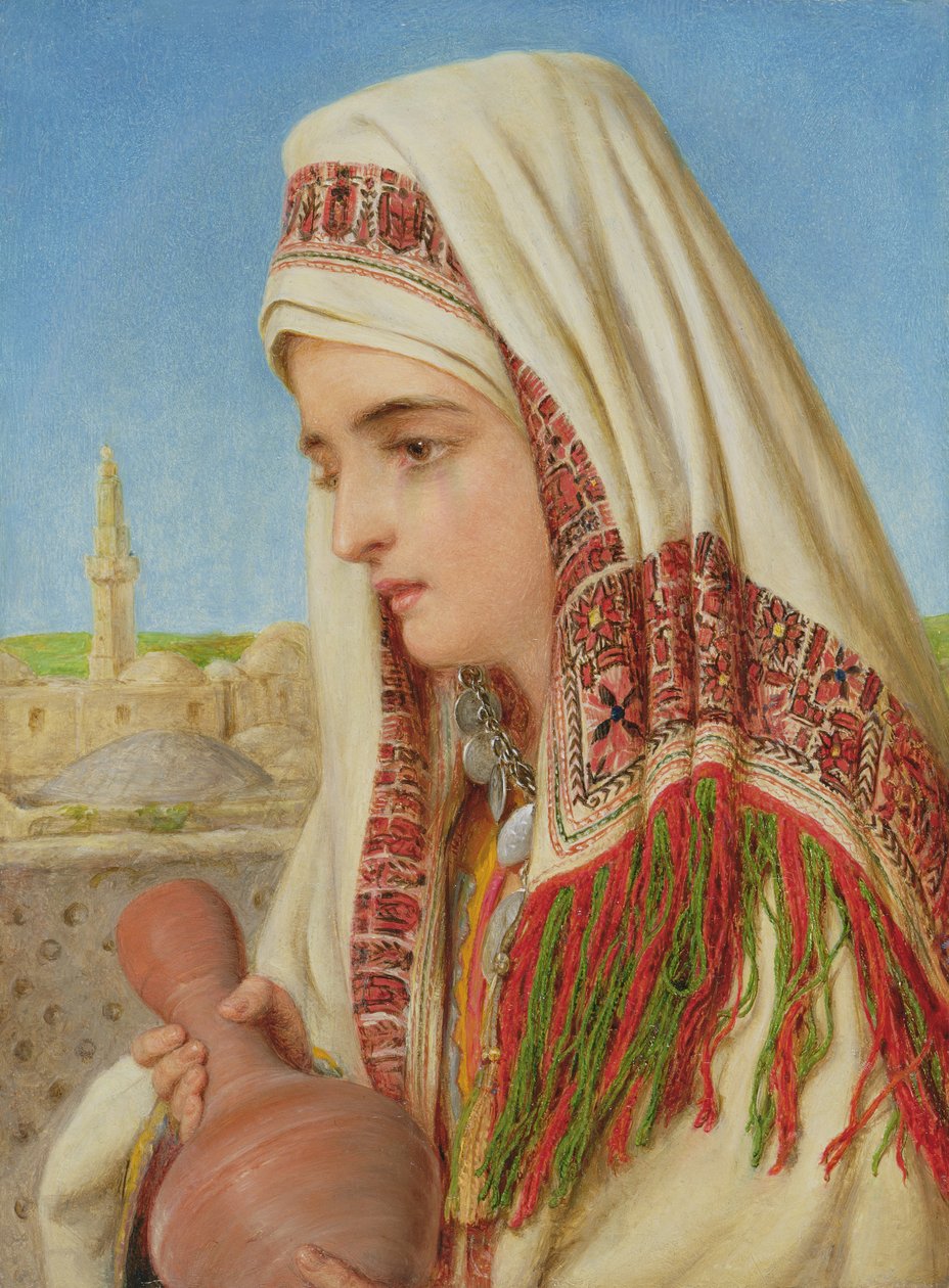 En arabisk kvinna med huvudduk som bär en vattenkanna. av William Gale