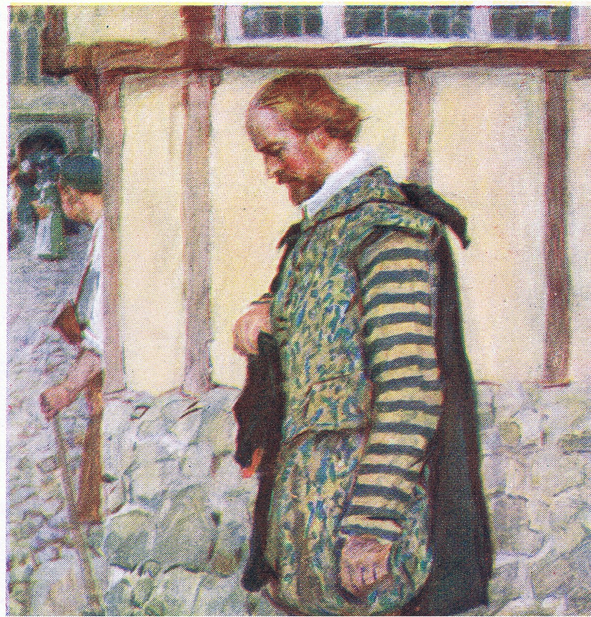 Shakespeare tar av sig hatten när han hör ljudet av en passerande klocka, från My Magazine, pub.1922 av William Hatherell