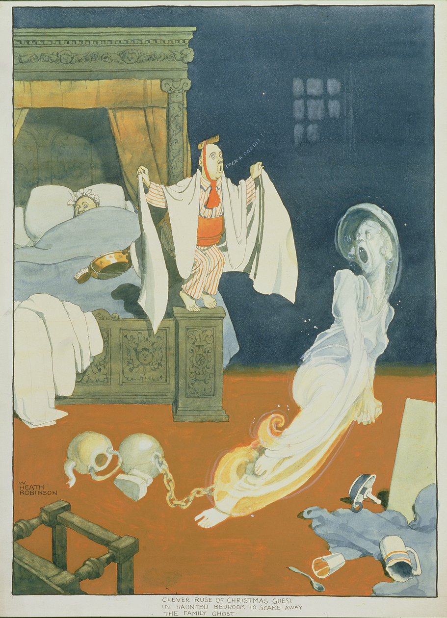 Smart knep av julgäst i ett hemsökt sovrum för att skrämma bort familjens spöke (penna & bläck och wc på papper) av William Heath Robinson