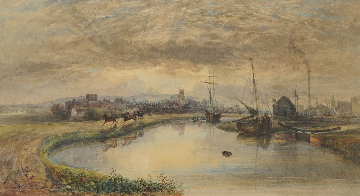 Tidig morgon - Carlisle från kanalen, 1842-66 (wc på papper) av William Henry Nutter