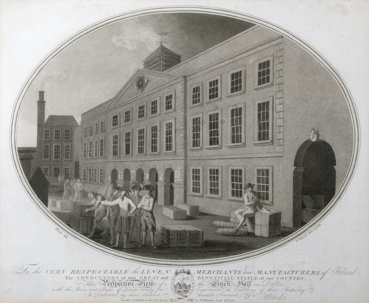 A Perspective View of the Linen Hall in Dublin, skylt XII av The Linen Manufactory of Ireland, 1783 (mezzotint) av William Hincks