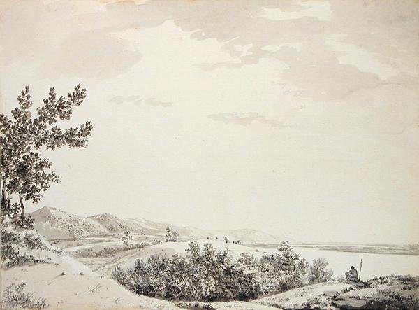 Utsikt över Rajmahal Hills med en sentenial i förgrunden, ca 1781 (grå tvätt, penna och svart bläck och grafit på papper) av William Hodges