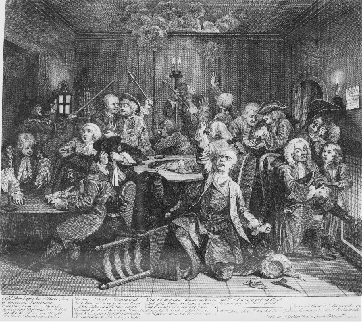 A Rakes Progress, Plate 6, Scene in a Gaming House av William Hogarth