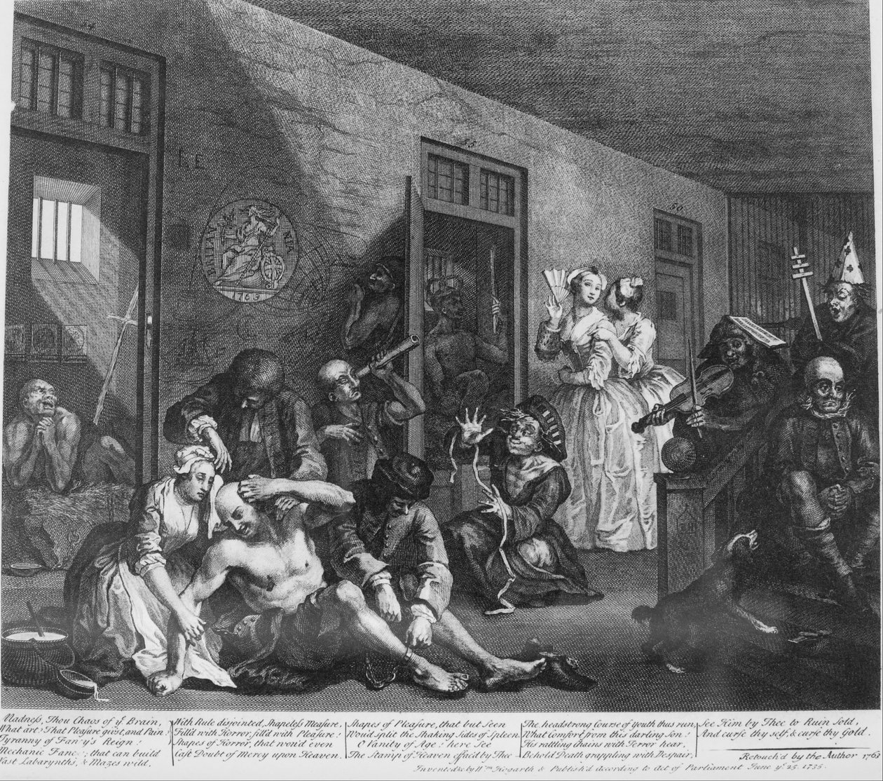 A Rakes Progress, Plate 8, In the Madhouse av William Hogarth