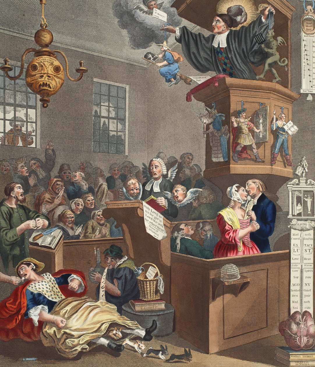 Godtrohet, vidskepelse och fanatism, illustration från "Hogarth Restored: The Whole Works of the hyllade William Hogarth, re-graved by Thomas Cook", pub. 1812 (handfärgad gravyr) av William Hogarth