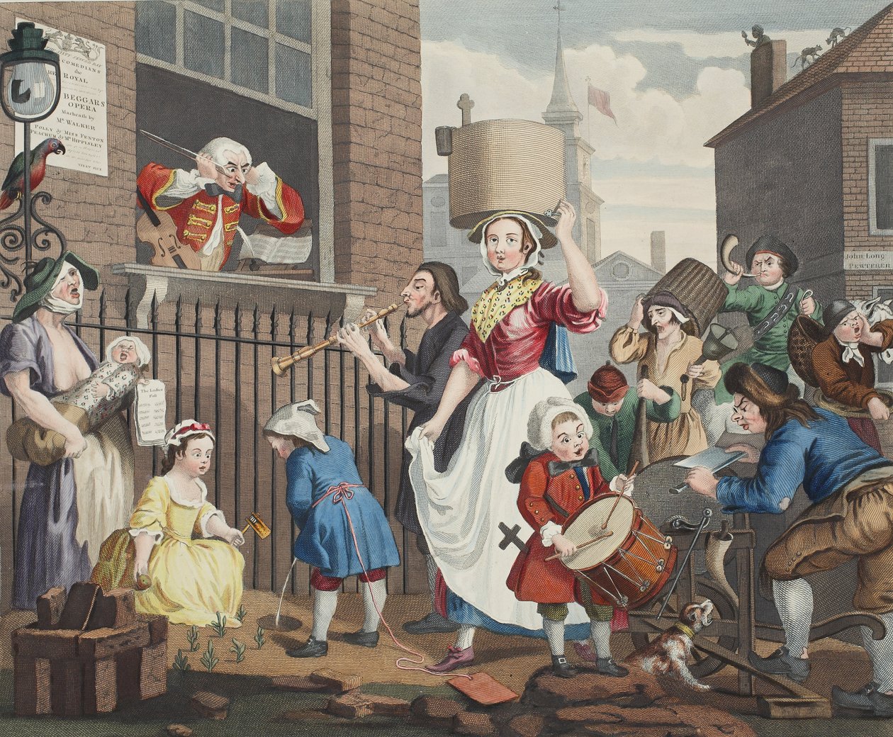 Den upprörda musikern, illustration från "Hogarth Restored: The Whole Works of the hyllade William Hogarth, re-graved by Thomas Cook", pub. 1812 (handfärgad gravyr) av William Hogarth
