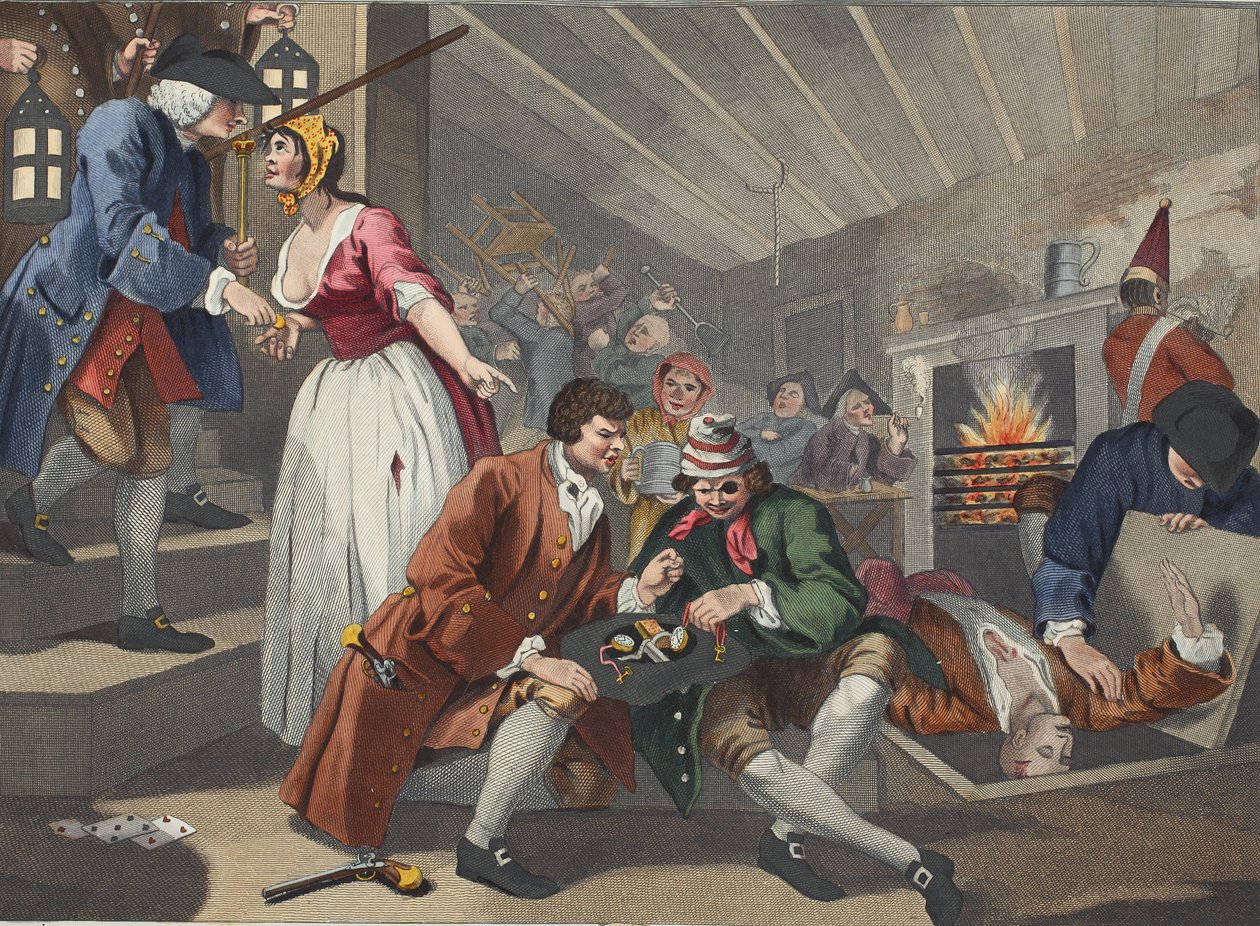 Den sysslolösa "Prentice Betrayed by a Prostitute", tavla IX av "Industry and Idleness", illustration från "Hogarth Restored: The Whole Works of the celebrated William Hogarth, re-engraved by Thomas Cook", pu av William Hogarth