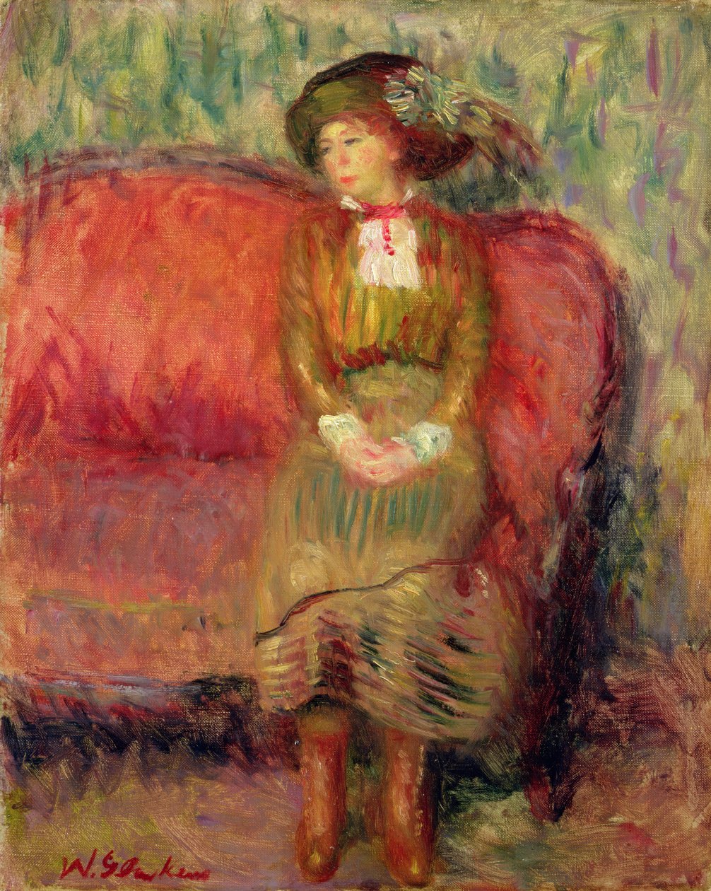 Flicka sitter på en röd soffa av William James Glackens