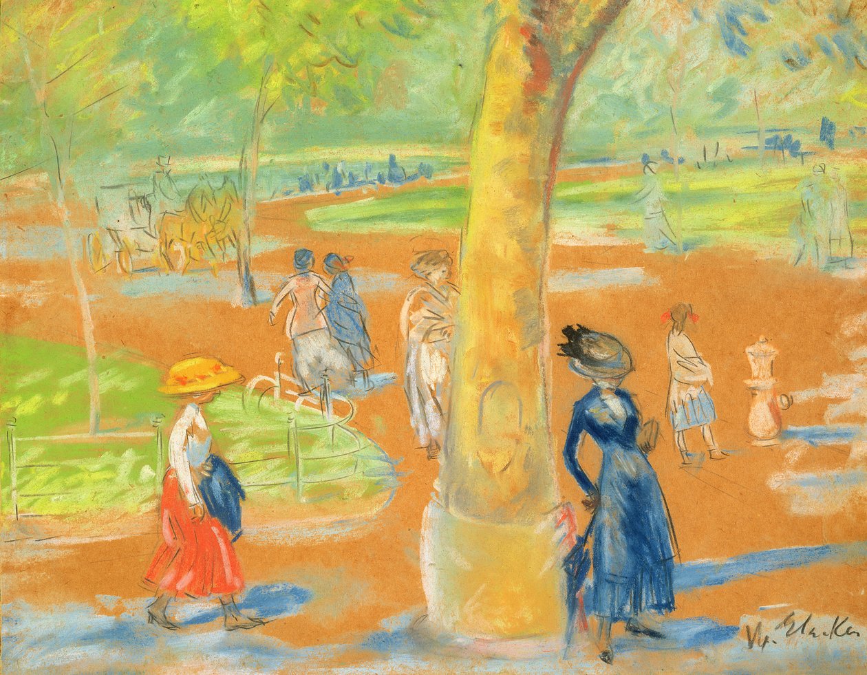 Park (kvinna i blått under ett träd) av William James Glackens