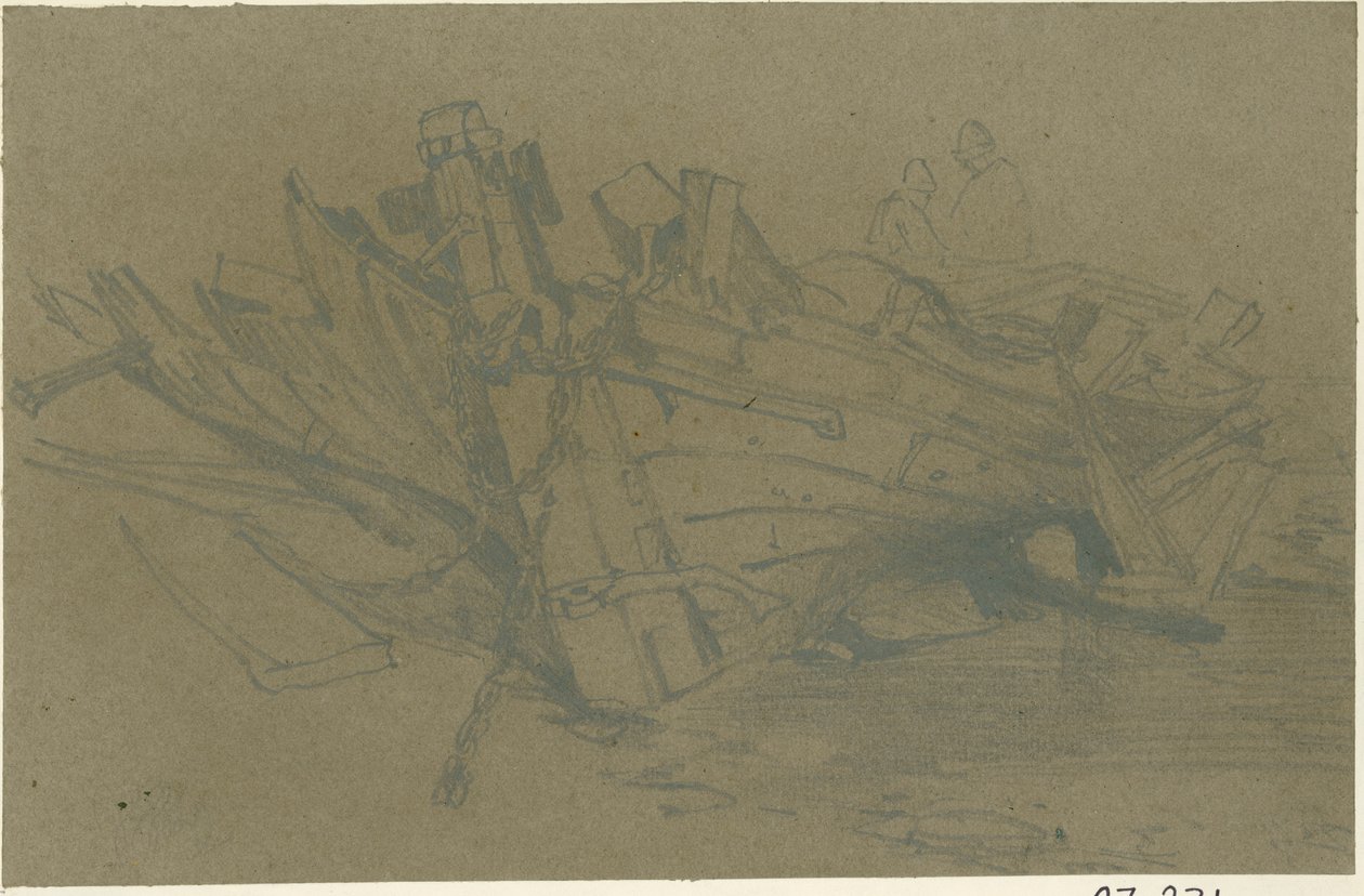 A Damaged Boat (blyerts på papper (brunt och klistrat på kartong)) av William James Muller