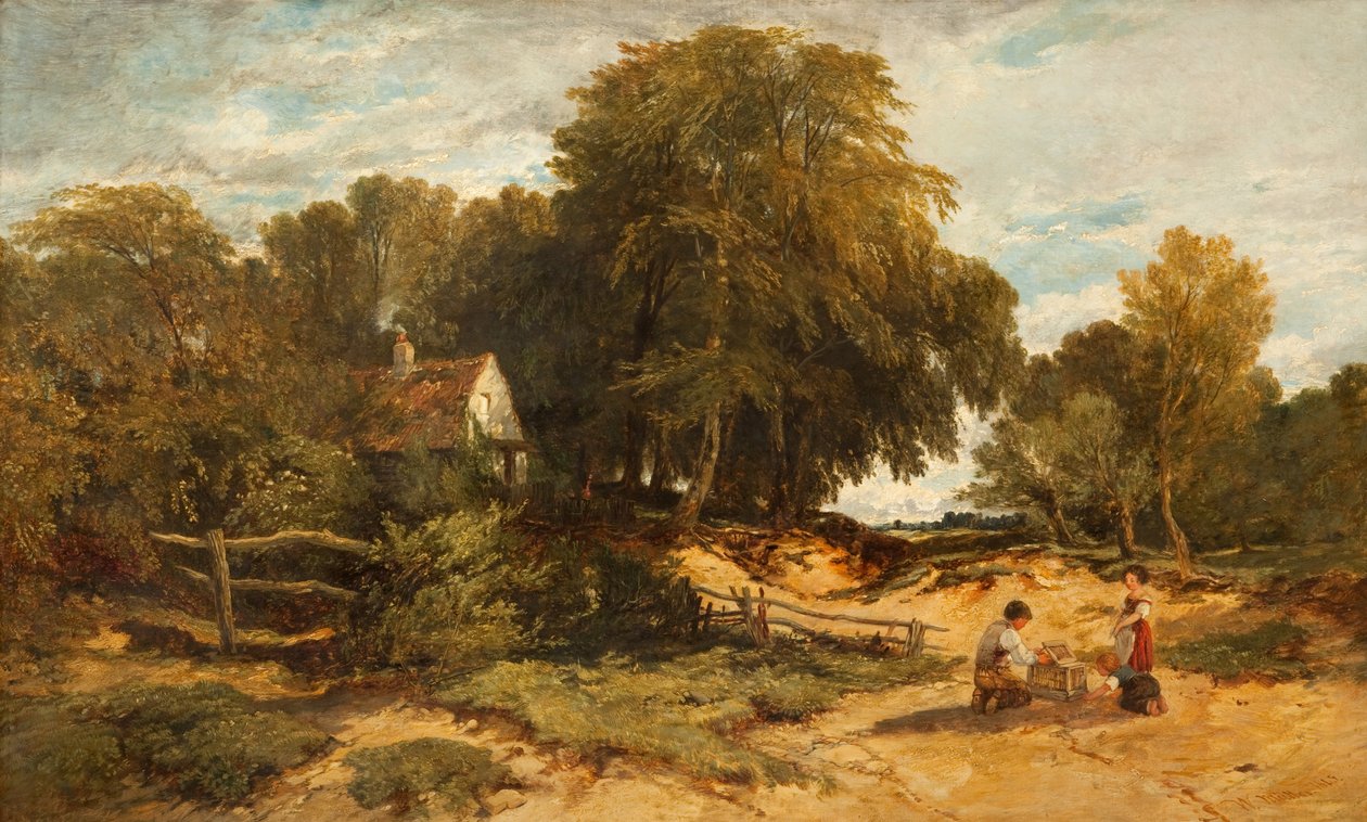 Skogbevuxen landskap med barn, 1845 av William James Muller