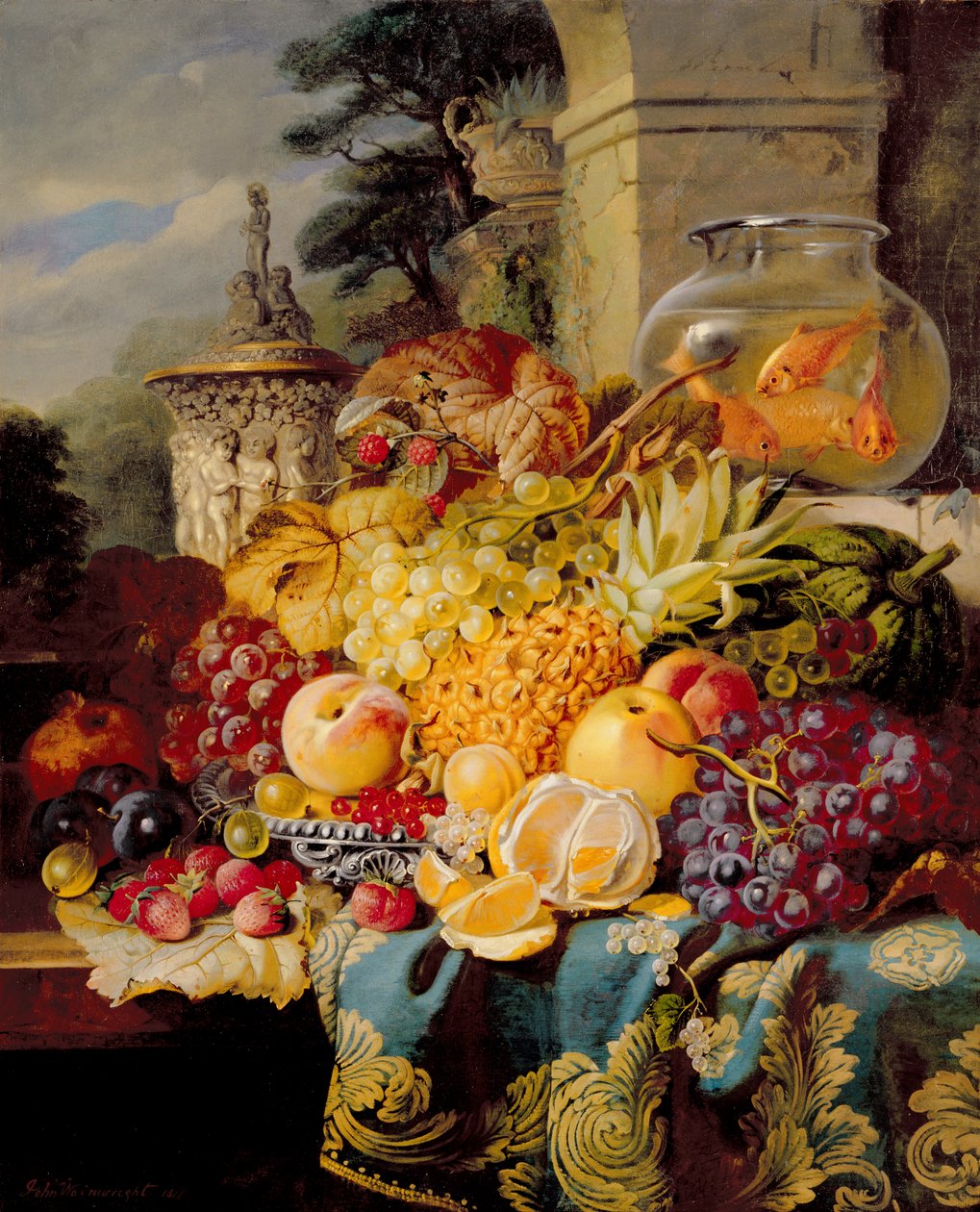 Stilleben med frukt på en avsats och en guldfiskskål, 1876 av John Wainwright