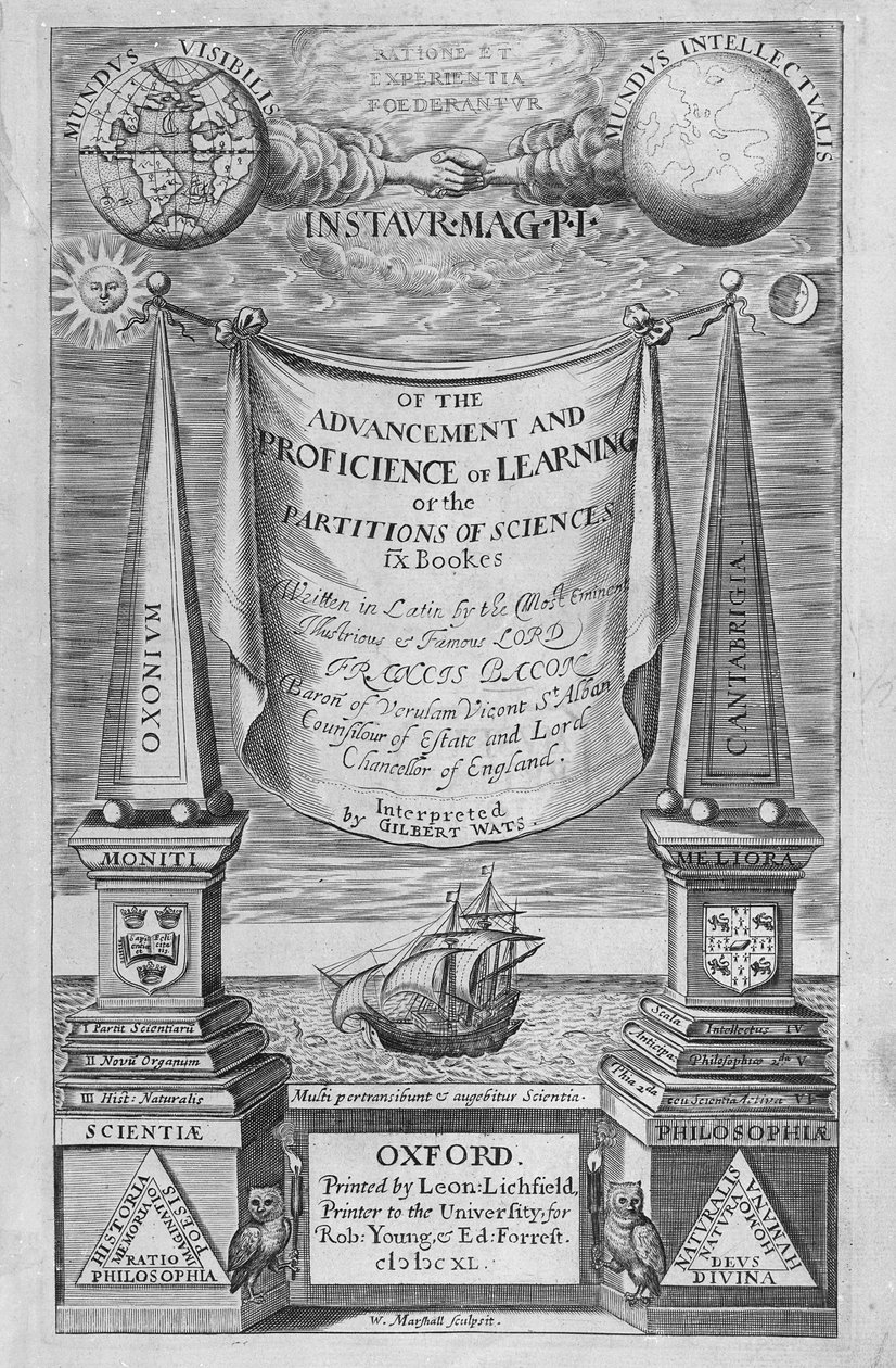 Titelblad till "Of the advancement and proficience of learning" av Francis Bacon, 1640 av William Marshall