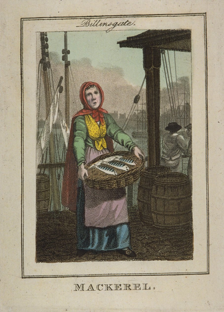 Mackerel seller at Billingsgate, 1804 (hand-coloured engraving) av William Marshall Craig