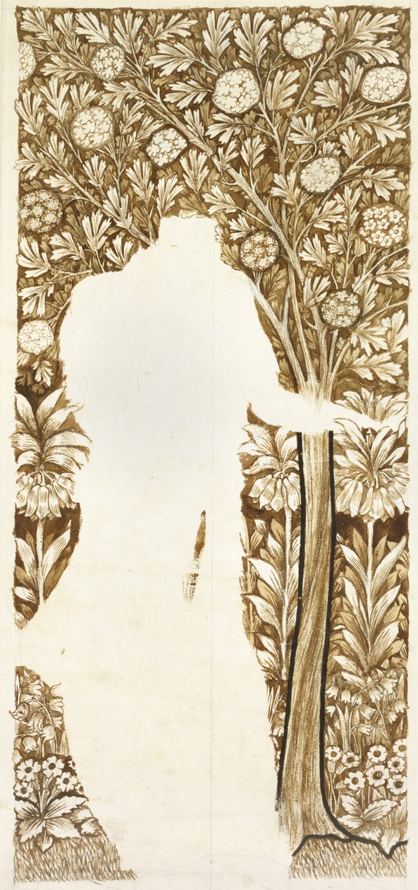 Design för en lövbakgrund (oavslutad) (grafit med bruna tvättar) av William Morris
