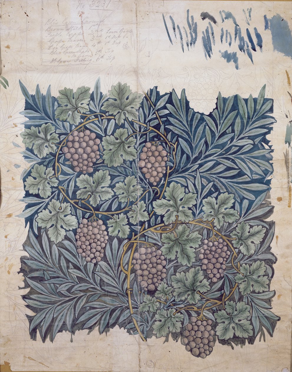 Leaf and Grape design för "Vine" tapeter (penna och wc på papper) av William Morris