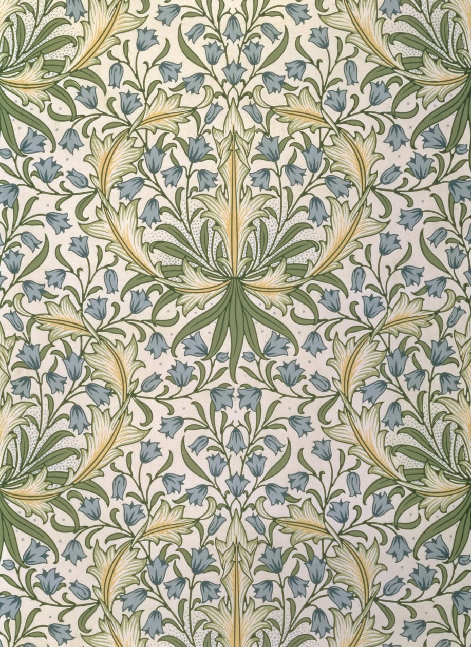 Tapet med små blå blommor i stora gröna bladverk, designad av William Morris (1834-96). av William Morris