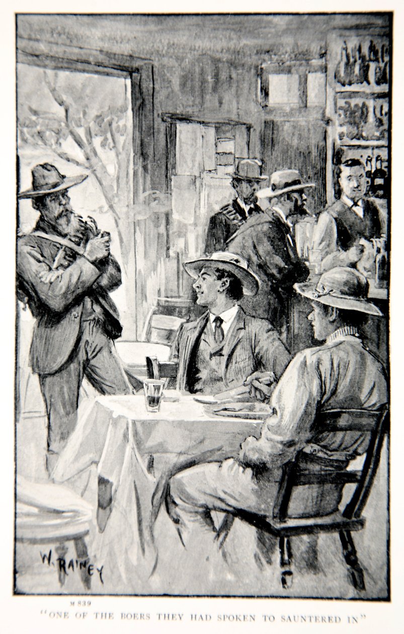 En av boerna som de hade pratat med slentrade in, en illustration från "With Roberts to Pretoria: A Tale of the South African War" av G.A. Henty, pub. London, 1902 av William Rainey