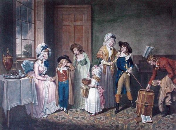 Black Monday, eller The Departure for School, graverad av John Jones (ca 1745-97), pub. av W. Bigg, 1790 (färgstick) (se även 125510) av William Redmore after Bigg