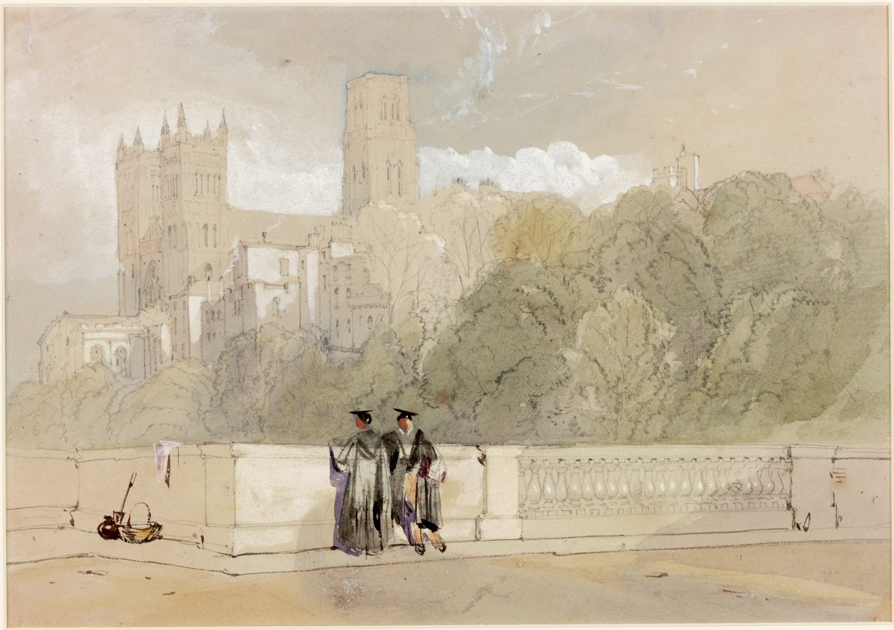 Durham Cathedral från Prebends Bridge kroppsfärg, penna & wc på papper av William Roxby Beverley