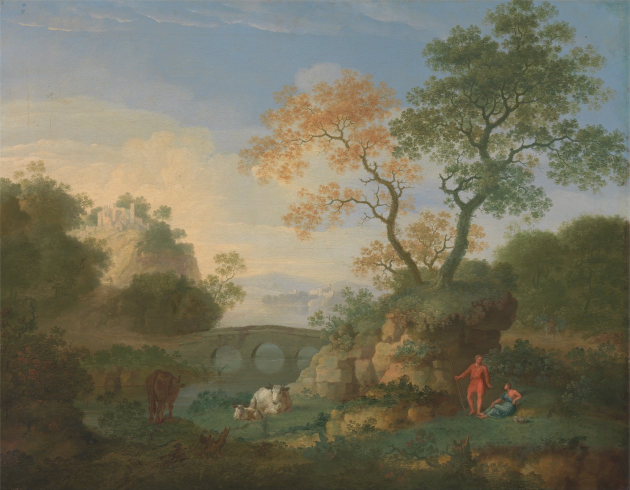 A Landscape with Distant Classical Ruins, a Bridge, Figures, and Cattle av William Smith