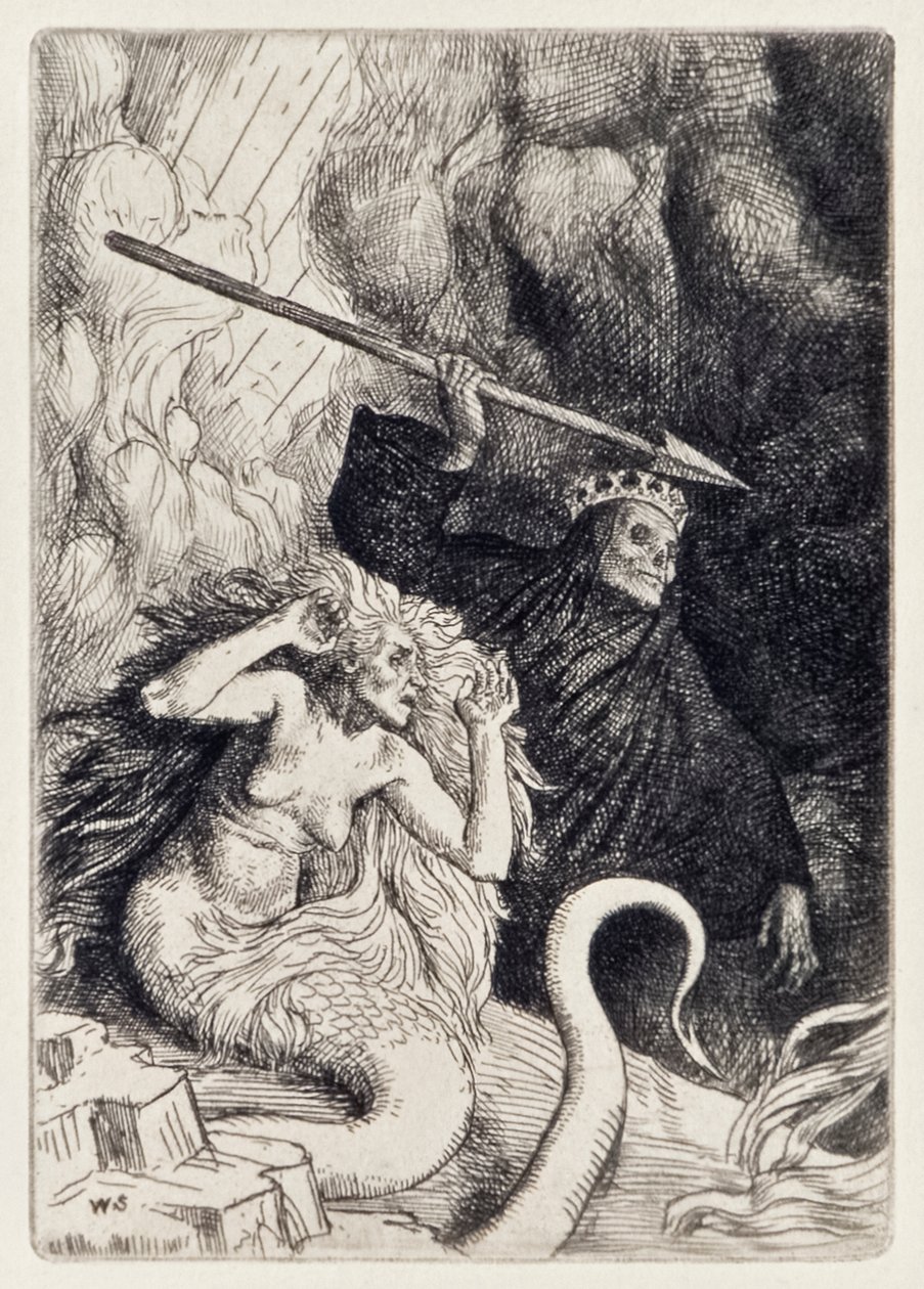 Sin and Death at the Gates of Hell från Paradise Lost av John Milton (1608-1674) en serie av 12 illustrationer etsade av William Strang (1859-1921) av William Strang