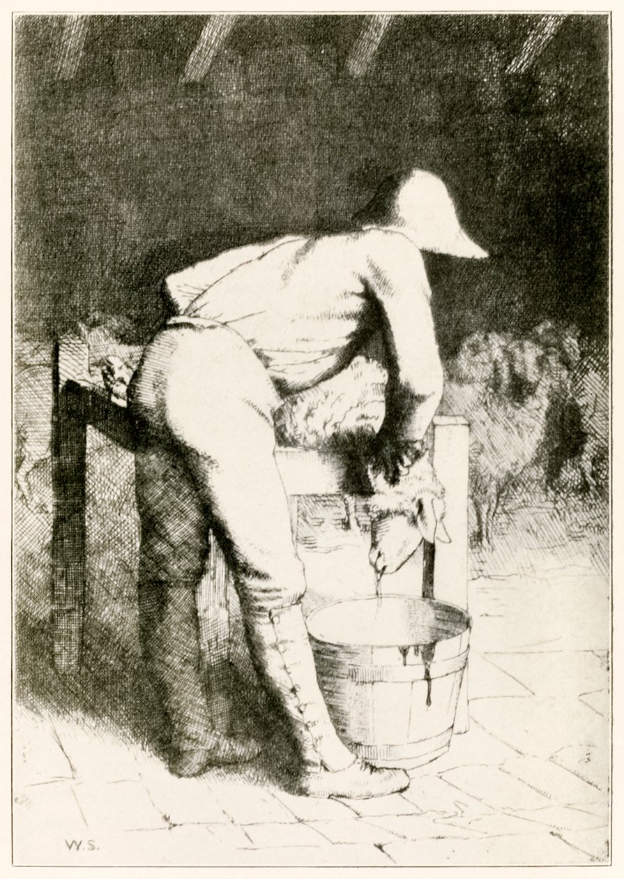 The Butcher and the Sheep from The Pilgrims Progress From This World, To That What Is To Come av John Bunyan (1628-1688) illustration av William Strang (1859-1921) Fåret tar sin död i tysthet av William Strang