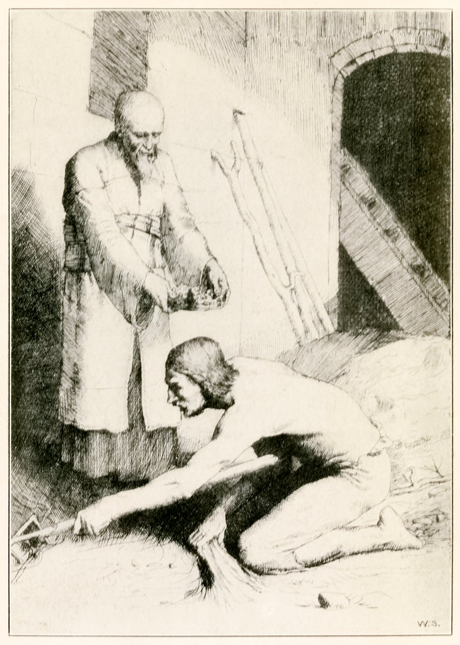 The Man with the Muckrake från The Pilgrims Progress From This World, To That What Is To Come av John Bunyan (1628-1688) illustration av William Strang (1859-1921) In the Interpreters House the man c av William Strang