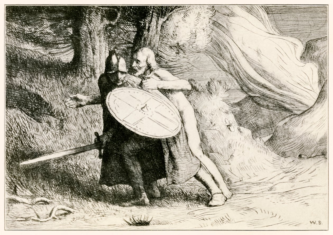 The Valley of the Shadow of Death från Pilgrimerna Progress From This World, To That What Is To Come av John Bunyan (1628-1688) illustration av William Strang (1859-1921) Christian passerar munnen av William Strang