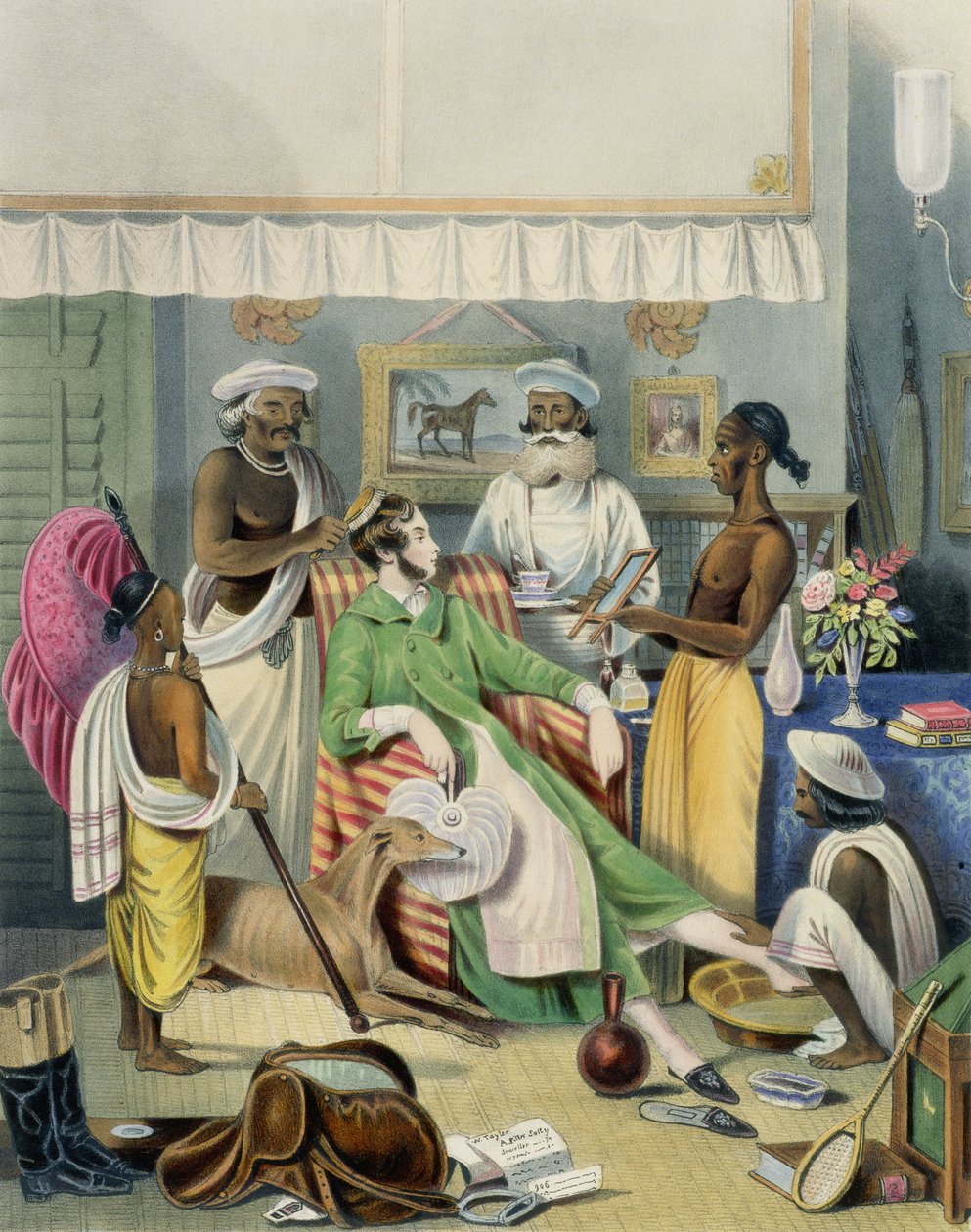 Den unge civilpersonens toalett, tavla 1 från "Anglo Indians", graverad av J. Bouvier, 1842. av William Tayler