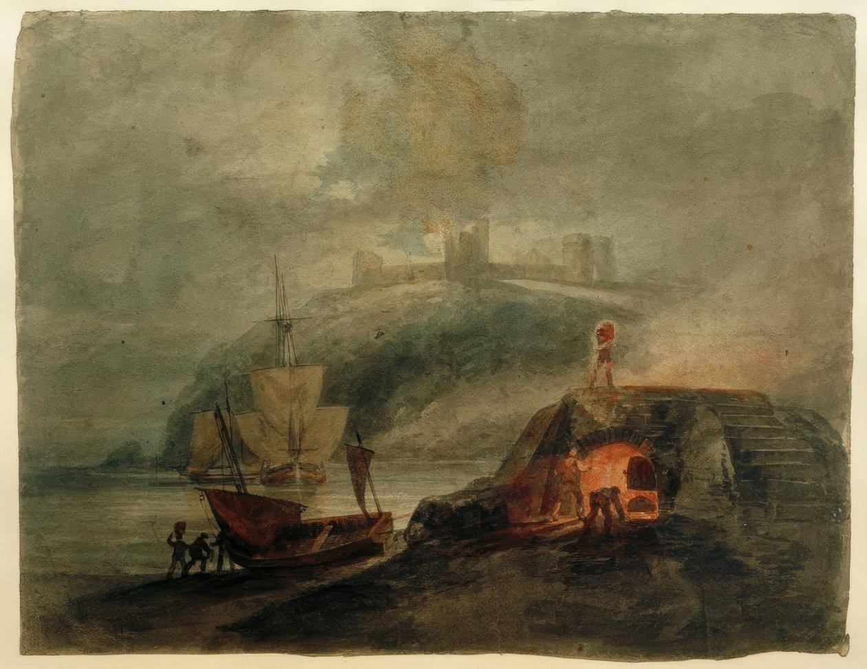Llanstephan Castle vid månsken, med en ugn i förgrunden av Joseph Mallord William Turner