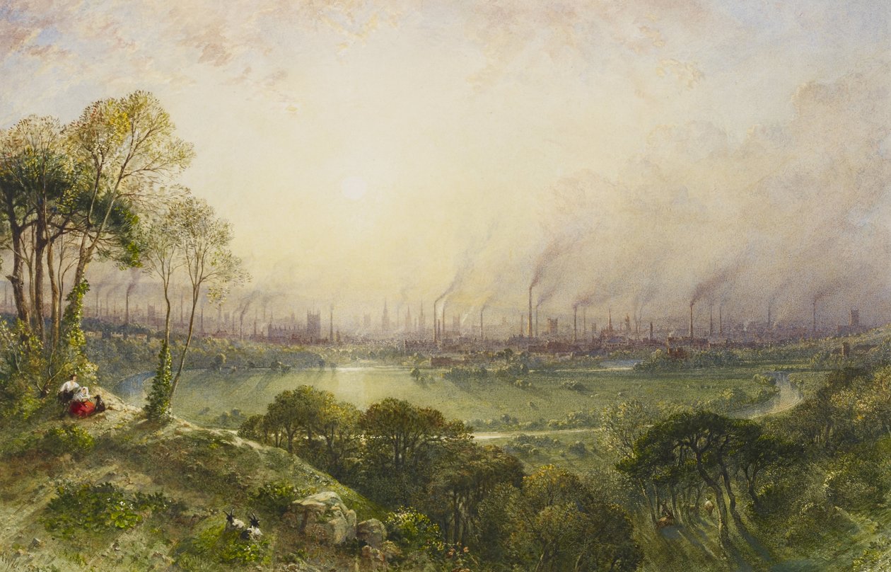 Manchester from Kersal Moor, with rustic figures and goats av William Wyld