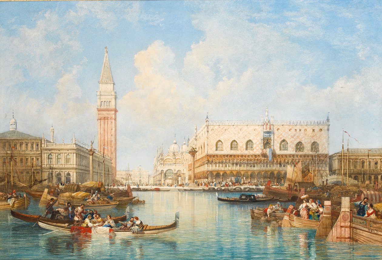 Dogespalatset och Piazetta från lagunen, Venedig (wc på papper) av William Wyld