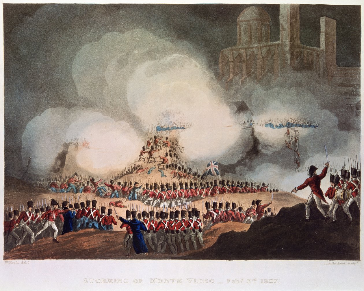 Storming of Monte Video, 3 februari 1807, graverad av Thomas Sutherland (f.c.1785) av William after Heath