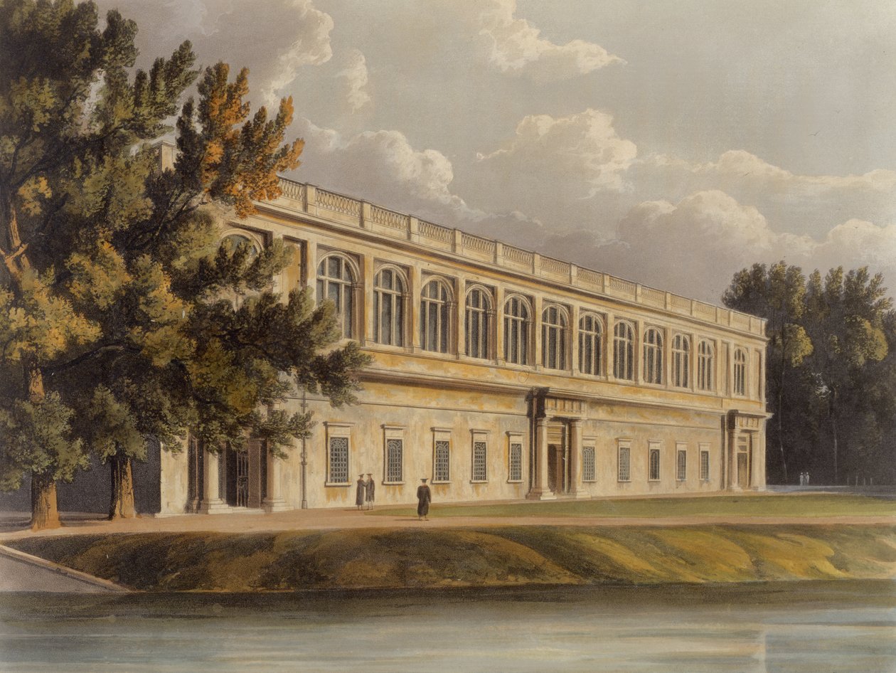 Exteriör av Trinity Library från St. Johns Gardens, Cambridge, från The History of Cambridge, graverad av Joseph Constantine Stadler (fl.1780-1812), pub. av R. Ackermann, 1815 (färgakvatint) av William after Westall