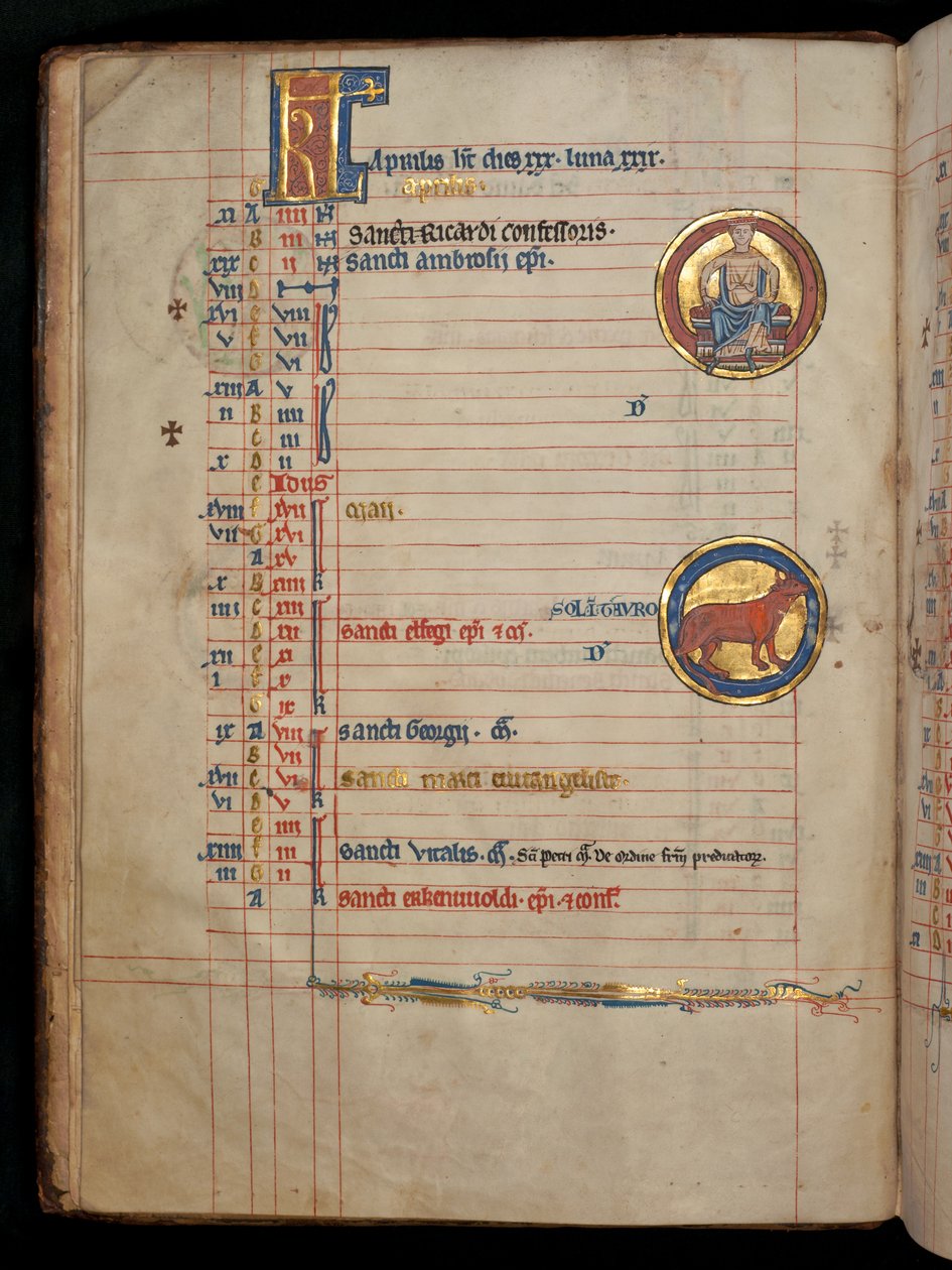 Ms 322 f.2v, April, en sittande man som håller två blommor, illustration från 