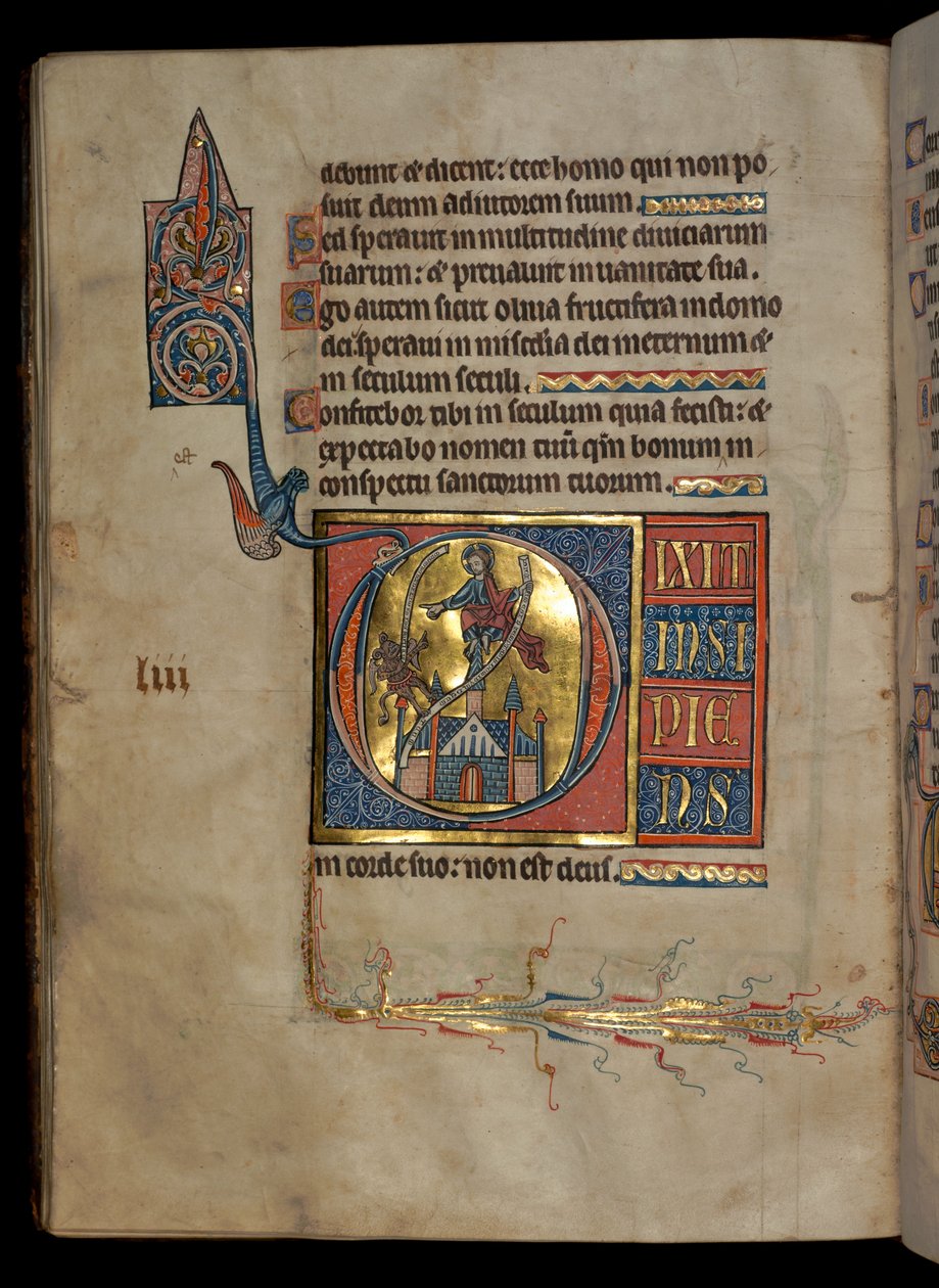 Ms 322 f.54v, Psalm 52, initial D, Kristi frestelse, illustration från "De Brailes Psalter", omkring 1250. av William de Brailes  