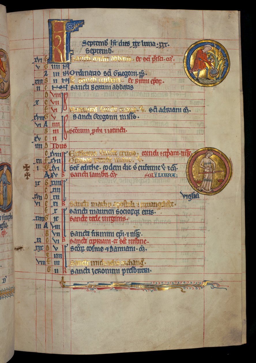 Ms 322 f.5r, september, en man som plockar frukt, illustration från "De Brailes Psalter", ca 1250 av William de Brailes  