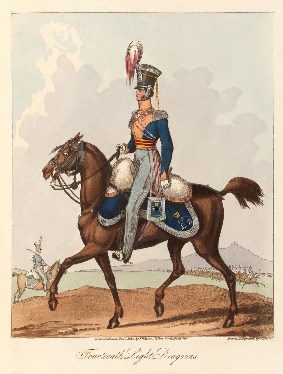 "Fjortonde ljusa dragoner" (akvatint, färgad) av William (after) Heath