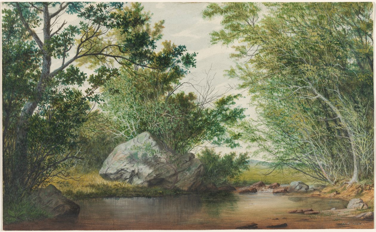 Landskap med trädbevuxen bäck och stenblock av William Allen Wall