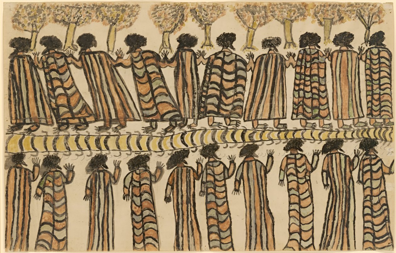 Figurer i punghudsmantel av William Barak
