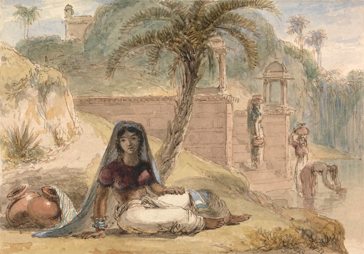 Indisk flicka som sitter vid en flod av William Daniell