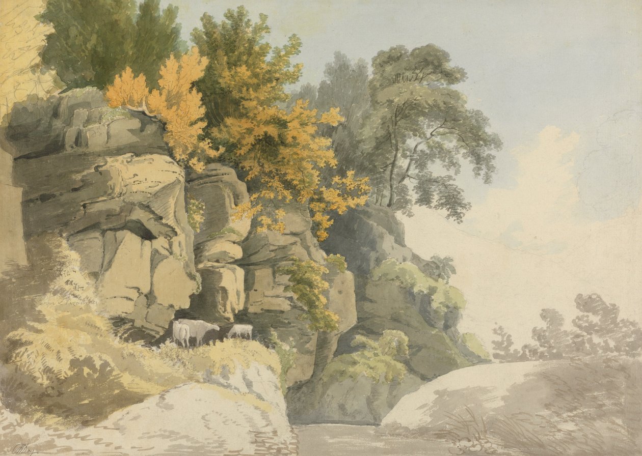 Skogbevuxna klippor vid en bäck (Derbyshire?) av William Day