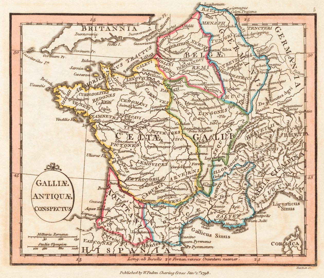 Forntida Gallien. Karta. av William Faden