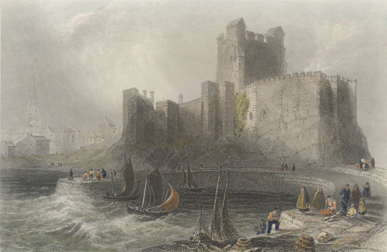 Utsikt över Carrickfergus Castle (färggravyr) av William Henry Bartlett